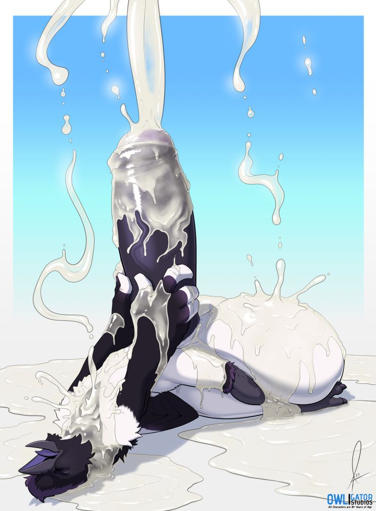 An anthro magpie with a body-sized cock lies facing upward, his body arched and supported against his shoulders and heels, thrusting his hips into the air. His massive nuts squish into his legs. He holds his rod with both hands, pointing it to the sky as thick ropes of his load rain down on top of him.