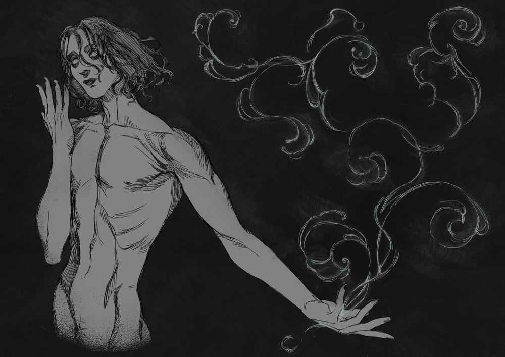 Black and white digital drawing of a torso figure looking to his right, pale with black hair. Ornamentted lines coming from his hand