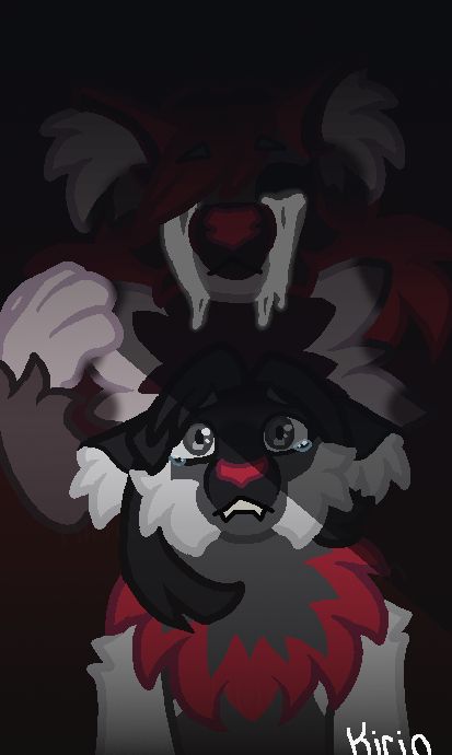 two wolf anthro busts. The smaller one is close to crying with a dark half dark. The taller one casts a shade with her hand on the smaller one. The taller one is darker in the background with black eyes and white glowing tears.