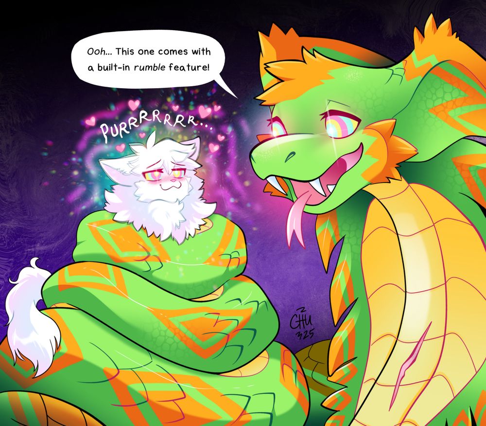 An illustration of a fluffy white cat coiled up and hypnotized by a big, green and orange cobra. Rhea, the snake, says, "Ooh... This one comes with a built-in rumble feature!" while Robyn, the cat, purrs happily.