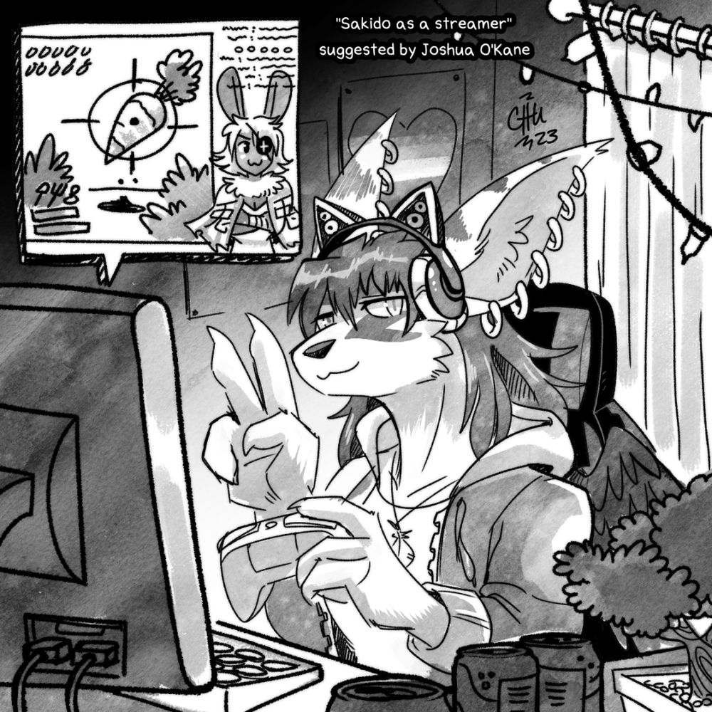 Sakido, a Demon from Slightly Damned, is in a modern setting. She is playing a video game on her computer and making a peace sign with one hand while looking at the viewer. She is surrounded by soda cans and her bonsai tree. She is streaming; her vtuber model is a kemonomimi bunny girl with an eye patch. In the video game, a targeting reticle is aiming at a carrot coming out of the ground.