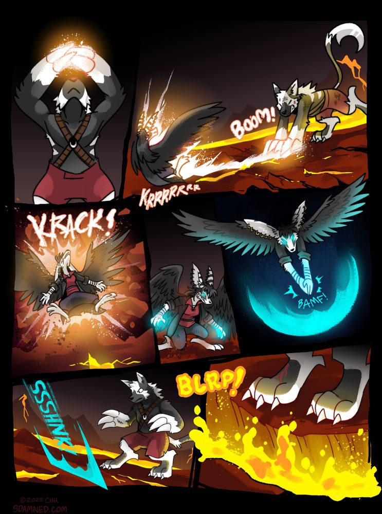 Page 1169 of the webcomic Slightly Damned. Iratu hits Sakido with a magical attack that sends her into a boulder, which explodes. Sakido uses wind magic to slice through the ground at Iratu's feet, causing lava to gush from the fissure.