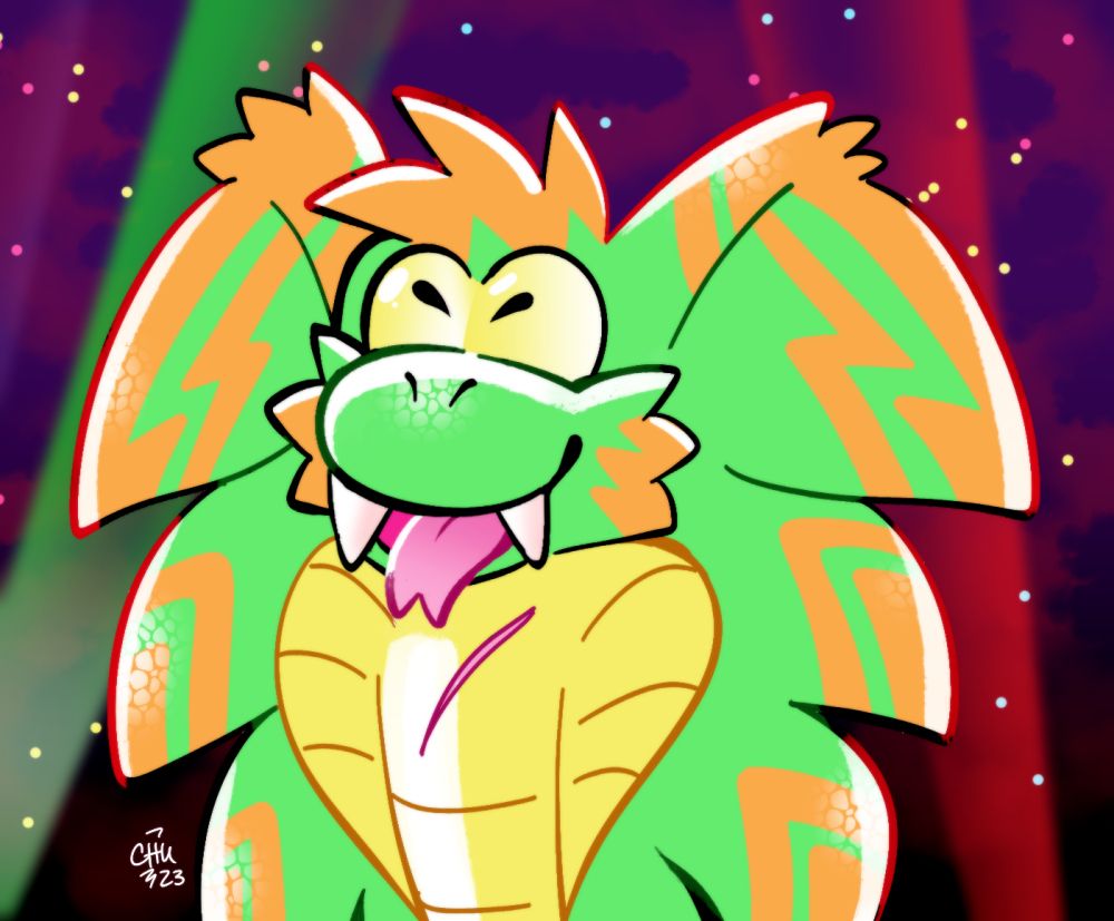 A drawing of a green and orange cobra with orange tufts of fur in the style of a snake from the Mario series, particularly Hisstocrat.