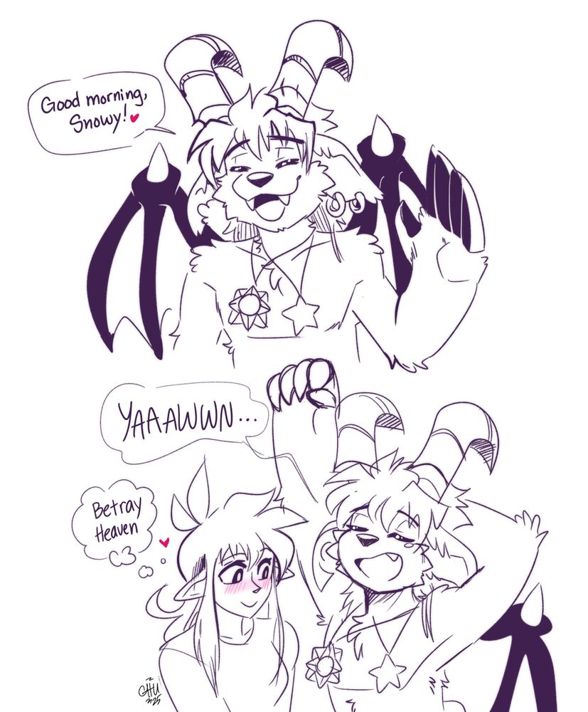 A drawing of Buwaro, a Demon from the webcomic Slightly Damned, waving his hand and saying "Good morning, Snowy!" 
In the second drawing he stretches and yawns. Kieri, his girlfriend, an Angel, looks at his chest and thinks, "Betray Heaven"