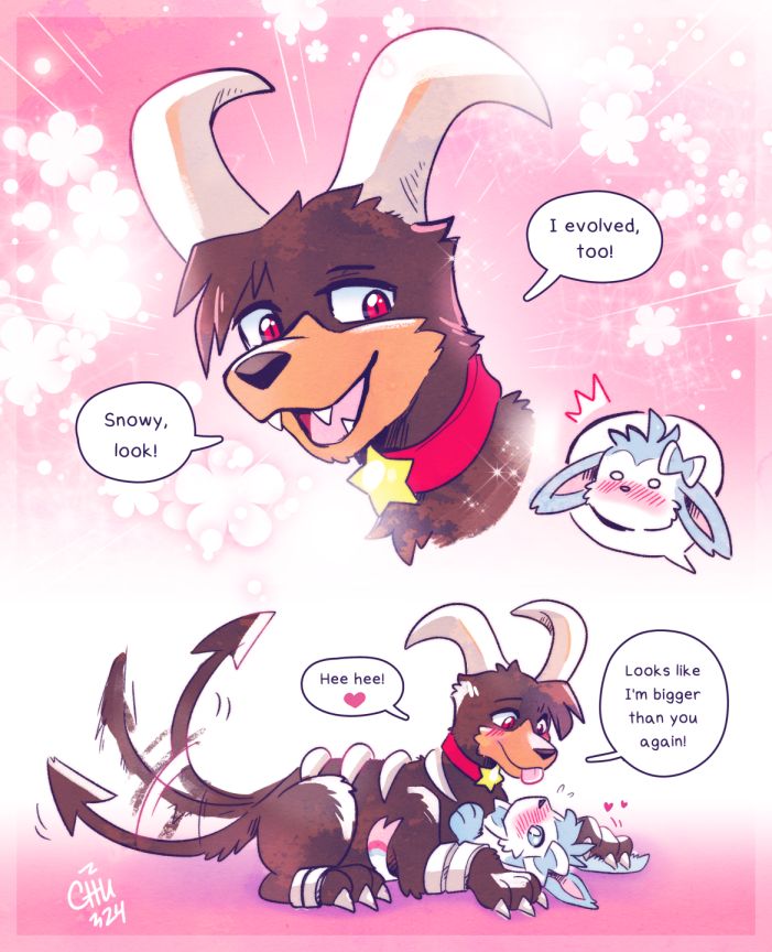 A drawing of a handsome Houndhoom with Buwaro's signature bangs announcing, "Snowy, look! I evolved, too!"  Buwaro pins down Snowy the Sylveon and, his tail wagging happily, says, "Hee hee! Looks like I'm bigger than you again!"