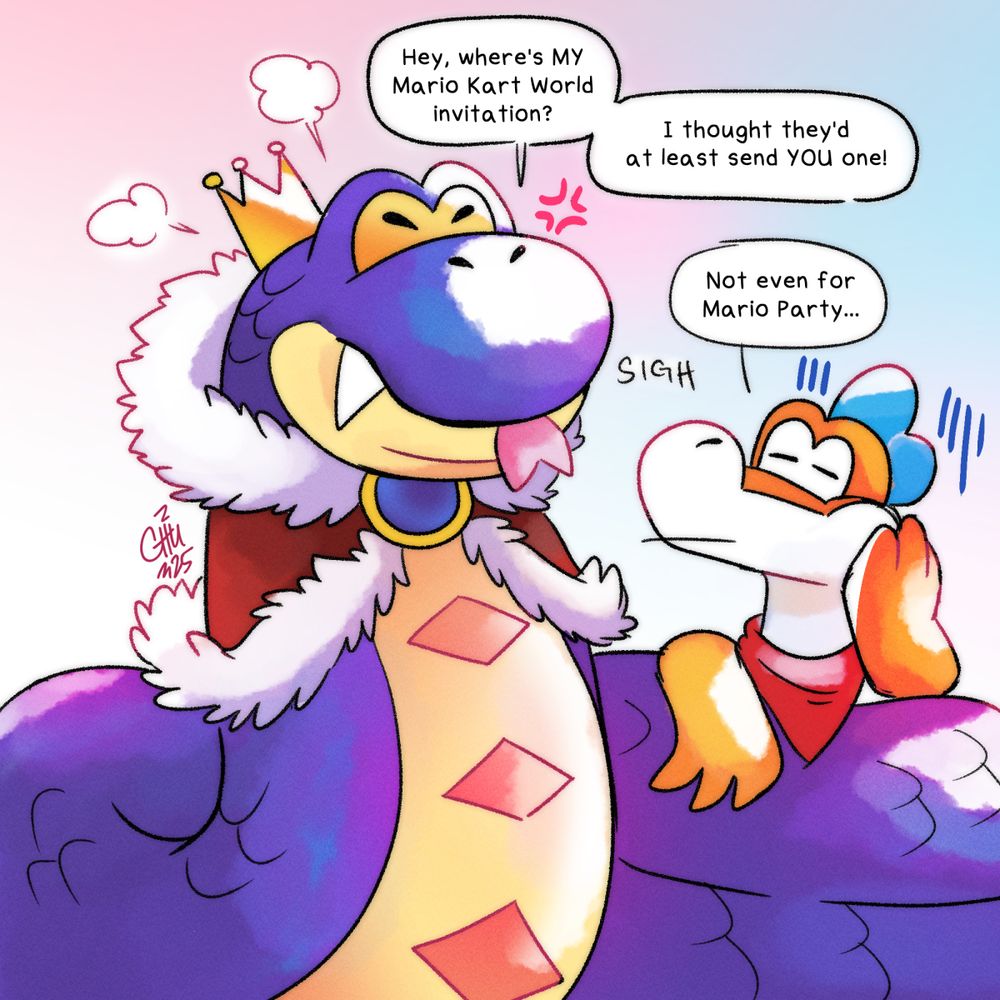 Fan art of Hisstocrat and Plessie from Super Mario 3D World.

Hissocrat: Hey, where's MY Mario Kart World invitation? I thought they'd at least send YOU one!
Plessie: Not even for Mario Party... sigh