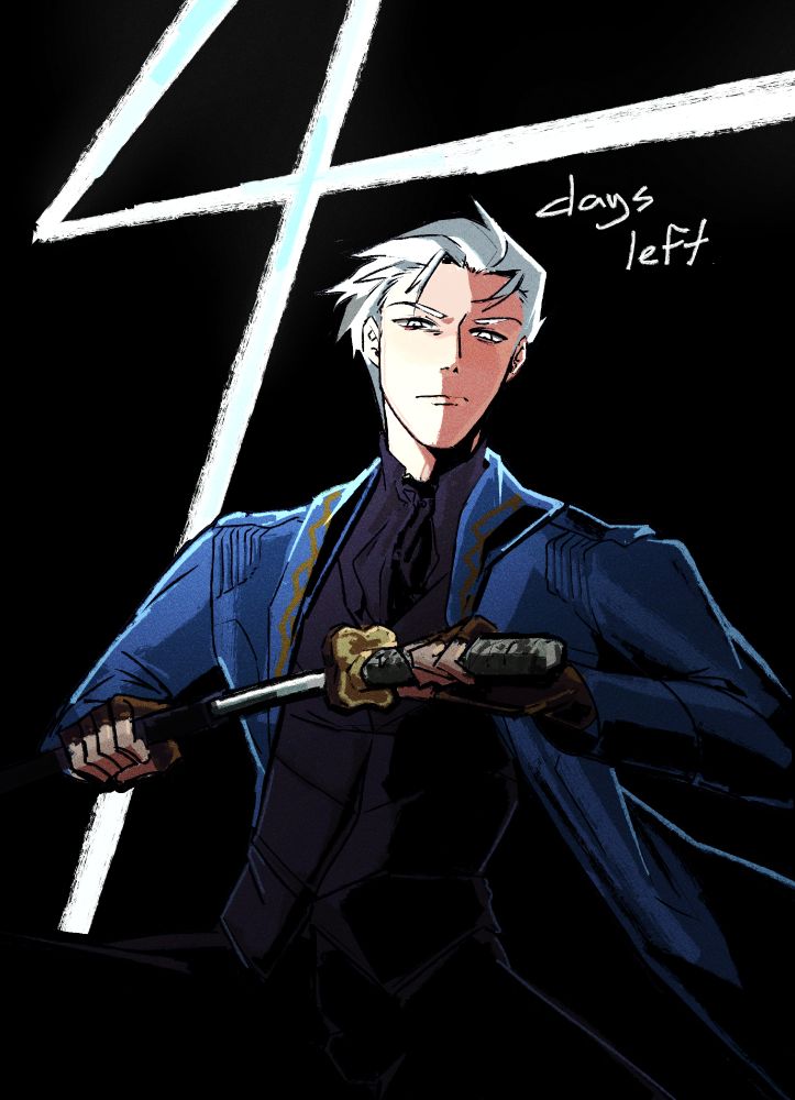 Vergil sheathing Yamato, after having cutting a "four" in the background.