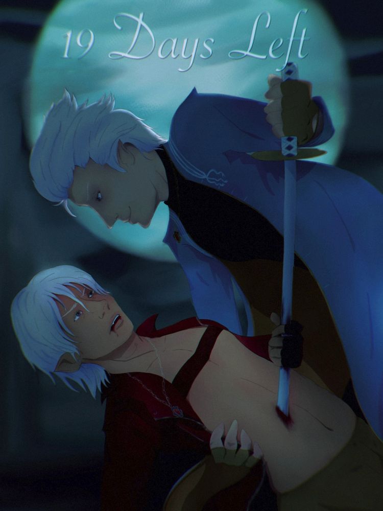 vergil stabbing dante on top of the temen-ni-gru. vergil is evilly smiling down at dante while holding him, dante is frustrated and coughing up blood/bleeding from the stab wound on his stomach. its grey outside and there a slight purple hue across the drawing. “19 days left” is written at the top of the drawing