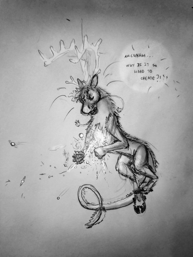 An Eastern noodle dragon hybrid with a reindeer. Noodlebou! Is seen floating trying to create, the act of creation seems to involve pulling energy out of himself. Small planets and galaxies are visible coming free from his chest. Though he seems to be struggling, the act taking a lot more energy and struggle than usual. There is a quote seen as he says, "why is it so difficult to create?"