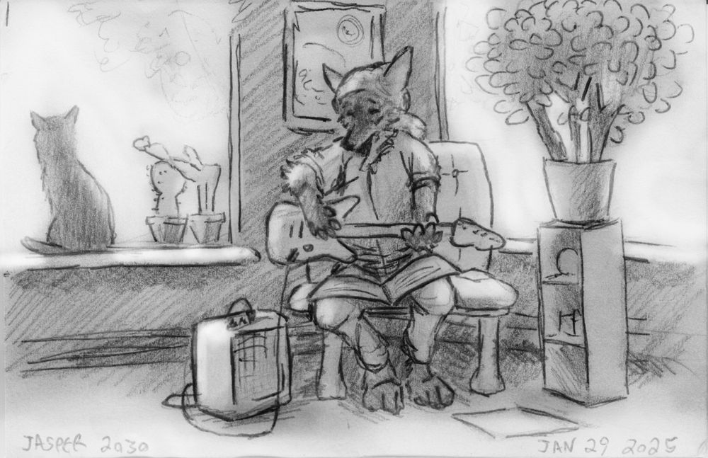 Slice of life graphite illustration of Jasper the coyote learning to play the electric guitar, while our little feral cat Mia sits perched at the window as she always does. a jade tree can be seen to the right, having grown rather large over the years.