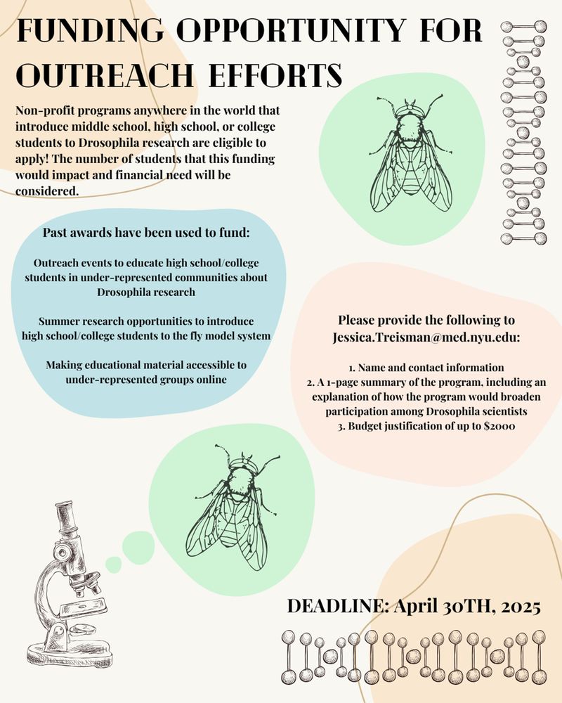 Please provide the following to Jessica.Treisman@med.nyu.edu:
﻿﻿﻿Name and contact information
﻿﻿﻿A 1-page summary of the program, including an explanation of how the program would broaden participation among Drosophila scientists
﻿﻿﻿Budget justification of up to $2000