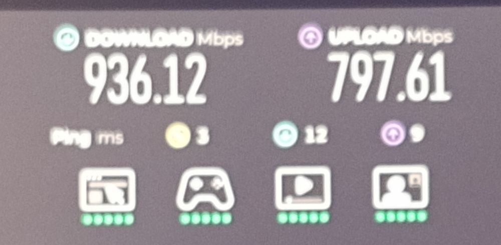 A picture of an internet speed test. It shows a download speed of 936.12 Mbps and an upload speed of 797.61 Mbps.