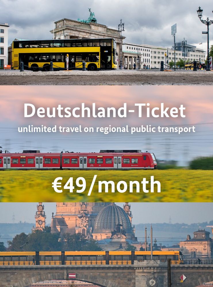 Deutschland-Ticket
unlimited travel on regional public transport
€49/month
in background: images of public transport in Germany