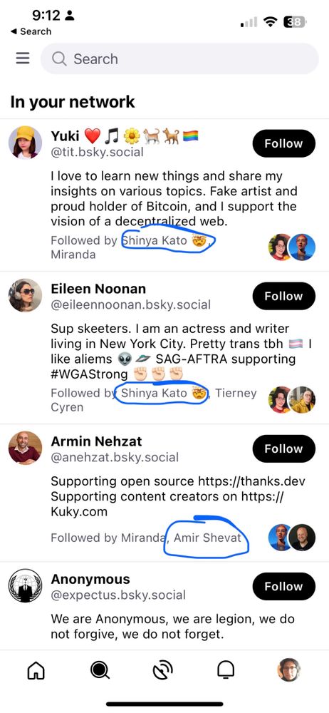 A screen shot of the “In your network” section of the “Search” tab in the iOS Bluesky app.