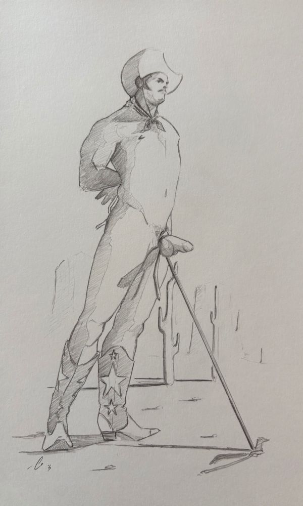 San Sebastián of the Saguaro drawing. Uncircumcised male pinned to desert floor with rope tied around genitals. Wears cowboy hat, boots and kerchief