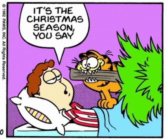 A frame of a Garfield strip. Garfield is standing on Jon who is in bed. Garfield has a tree in his mouth. Jon is saying "It's the Christmas season, you say" 