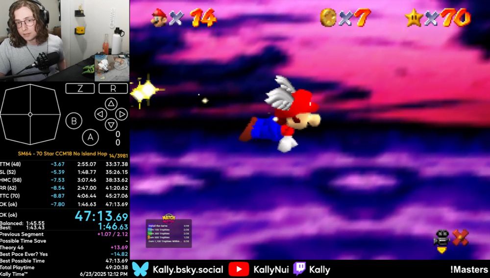 Screenshot of Kally’s Twitch stream with a finished 70 star run time of 47:13
