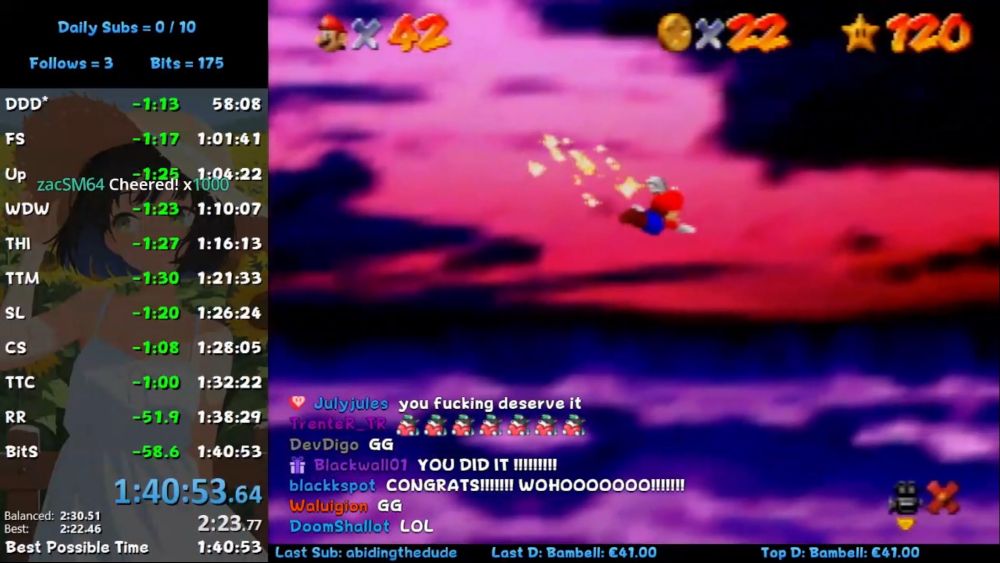 Screenshot of Wilko’s Twitch stream at the moment of PB, showing a time of 1:40:53.
