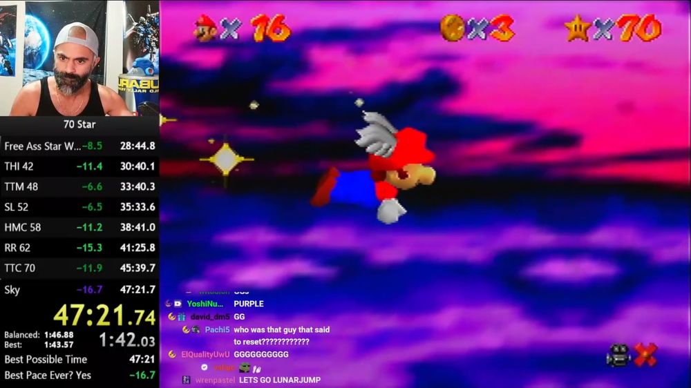 A screenshot of lunarjump's Twitch stream showing a finished run time of 47:21.74