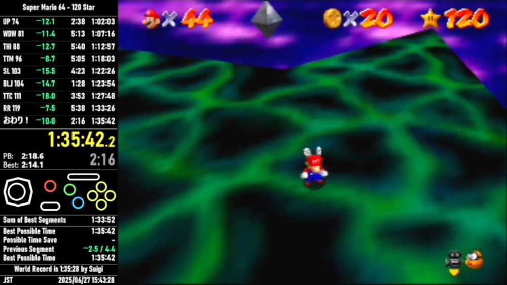 Screenshot of Karinpune’s Twitch stream at the end of the run. The time shows 1:35:42