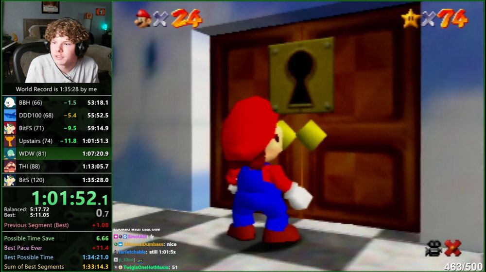 Screenshot of greensuigi’s Twitch stream as Mario enters upstairs, showing an upstairs split time of 1:01:51