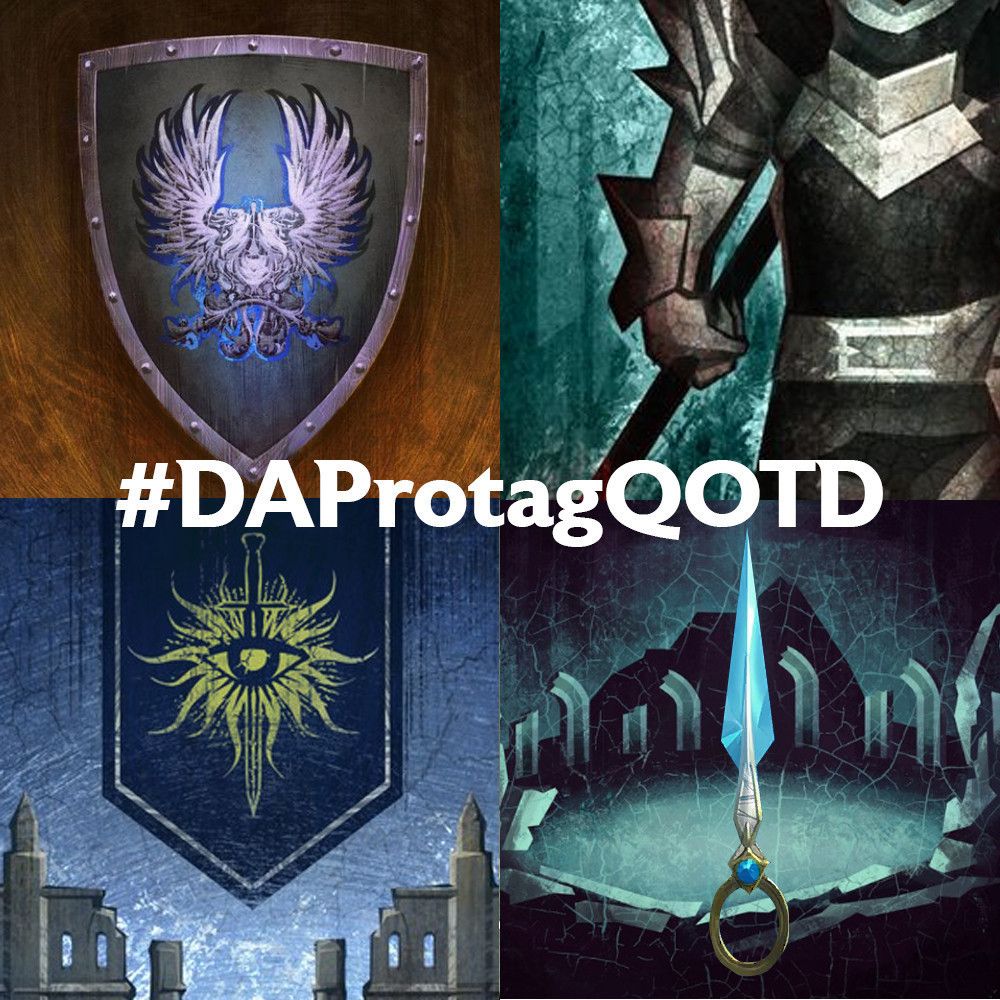 image shows the hashtag "dragon age protagonist question of the day" with four symbols: a grey warden shield representing the hero of ferelden, the champion's armor representing hawke, an inquisition banner representing the inquisitor, and solas' dagger and ruins representing rook