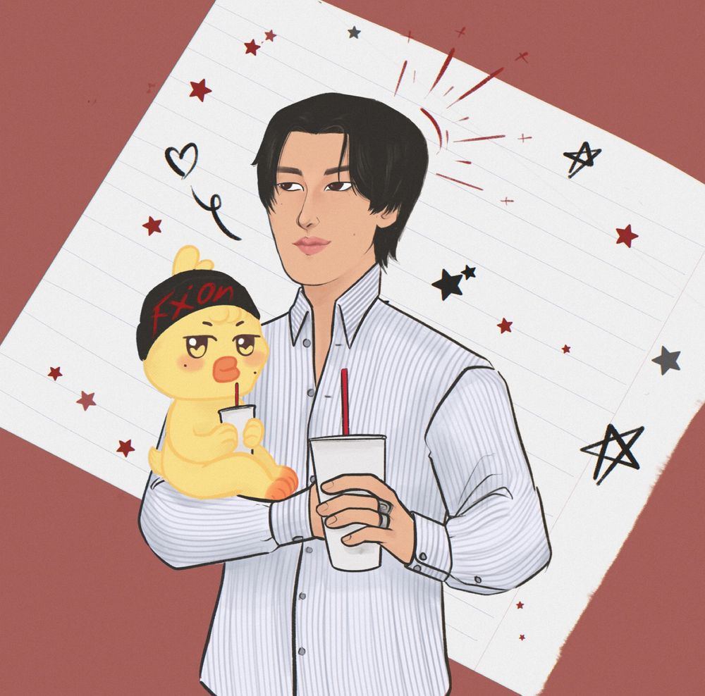Fanart of Mingi ateez holding bbyongming Aniteez like a baby and they both have drinks. Bbyongming is wearing Mingi’s 2025 birthday merch design.