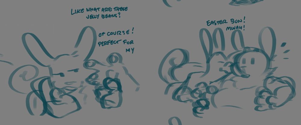 A closer shot of just Shmagic holding Benni’s hand which notably has paw pads.
Benni (offscreen): Like what are these, jelly beans?
Shmagic: Of course! Perfect for my-

Now Shmagic is leaning in to give Benni a kiss on the cheek. Benni looks suprised but happy.
Shmagic: -Easter Bun! Mwah!