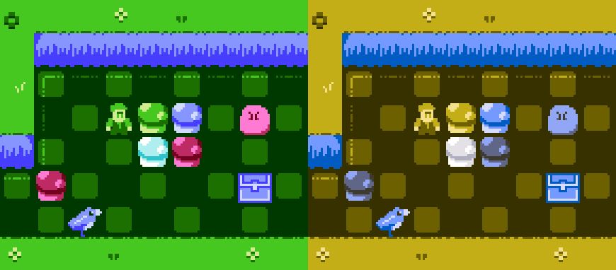 On the left, a field full of mushroom type enemies, showing the hardware colors the NES emits. On the right, a simulated view hopefully approximating the effects of Protanopia on the same scene. As long as all four mushrooms are distinguishable by palette at a glance, gameplay should be fine?