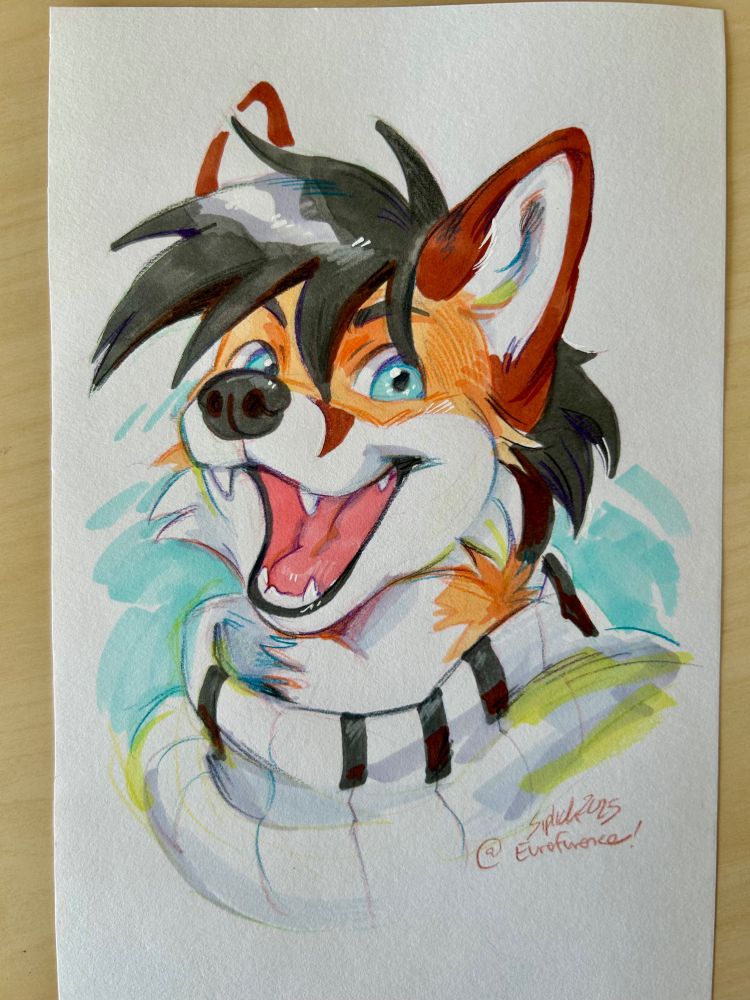 A portrait of an anthro fox, wearing a piano scarf.
