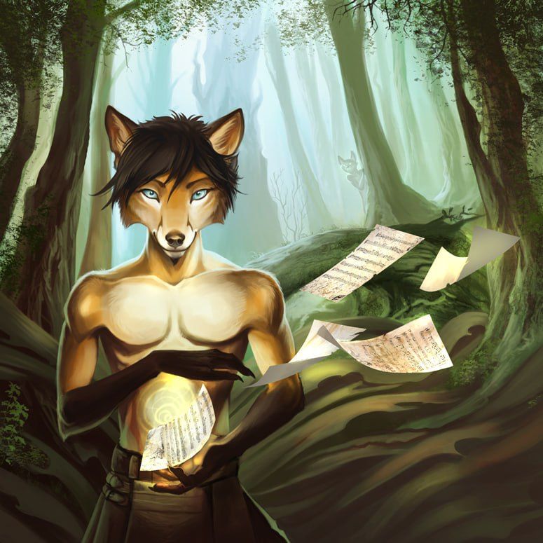 An anthro red fox stands before you with a forest backdrop. Music sheets float away to the side. The silhouette of another anthro is watching behind a tree in the distance.