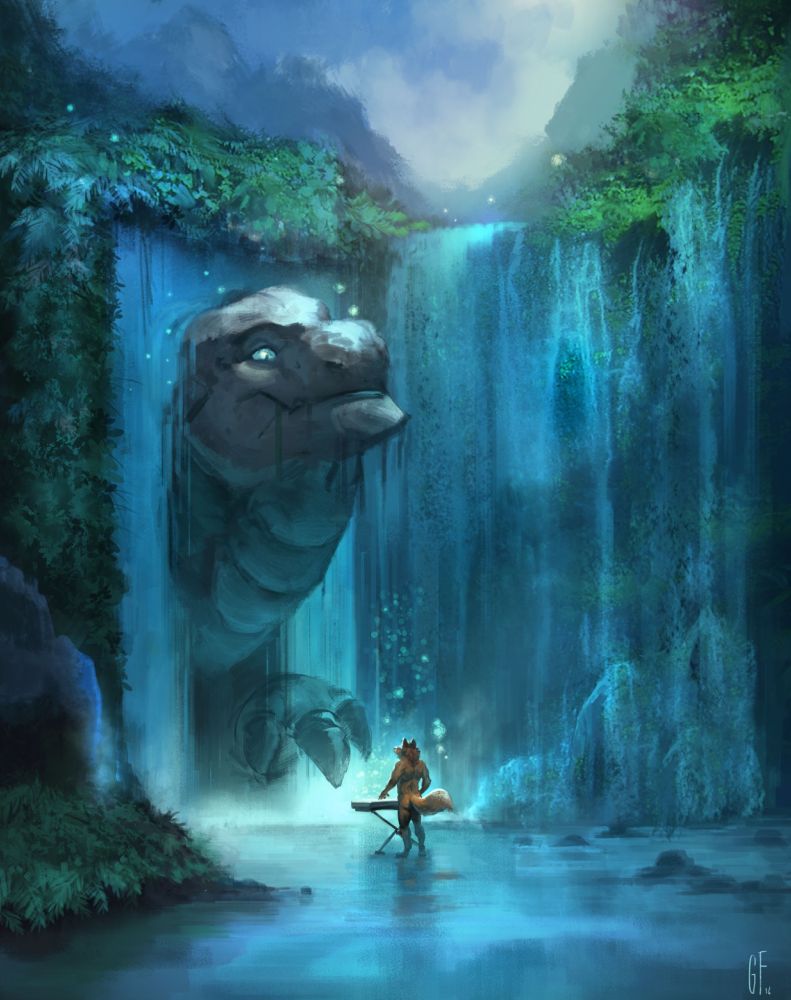 An anthro fox plays a keyboard before a waterfall and a giant creature resembling a macro sized turtle rock dragon steps out from the cascade of water.