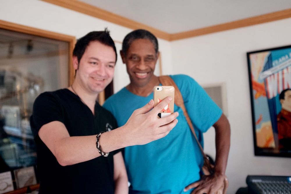 Fox Amoore during a video call with Tim Russ, at a studio.