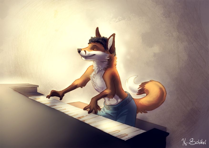 An anthro fox playing a piano whilst wearing blue shorts, a yellow background that adds some additional lighting. 