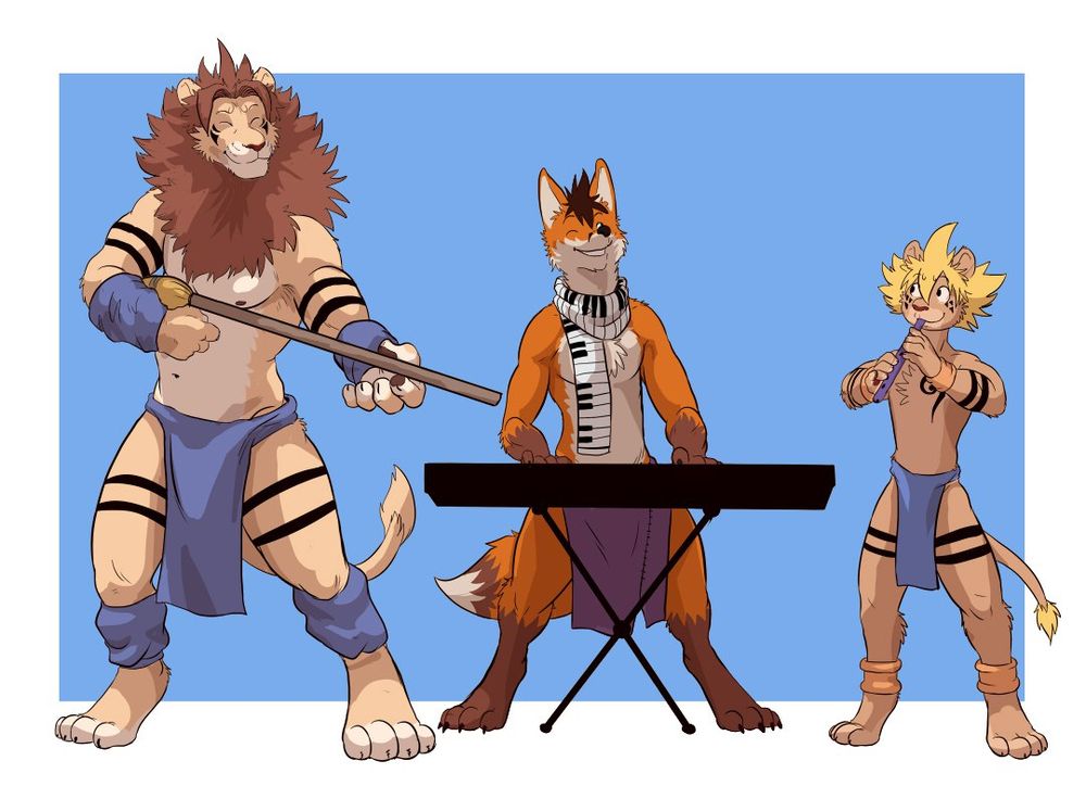 An anthro fox playing keyboard with two anthro lions either side of him jamming alongside, one playing a flute the other a makeshift instrument.