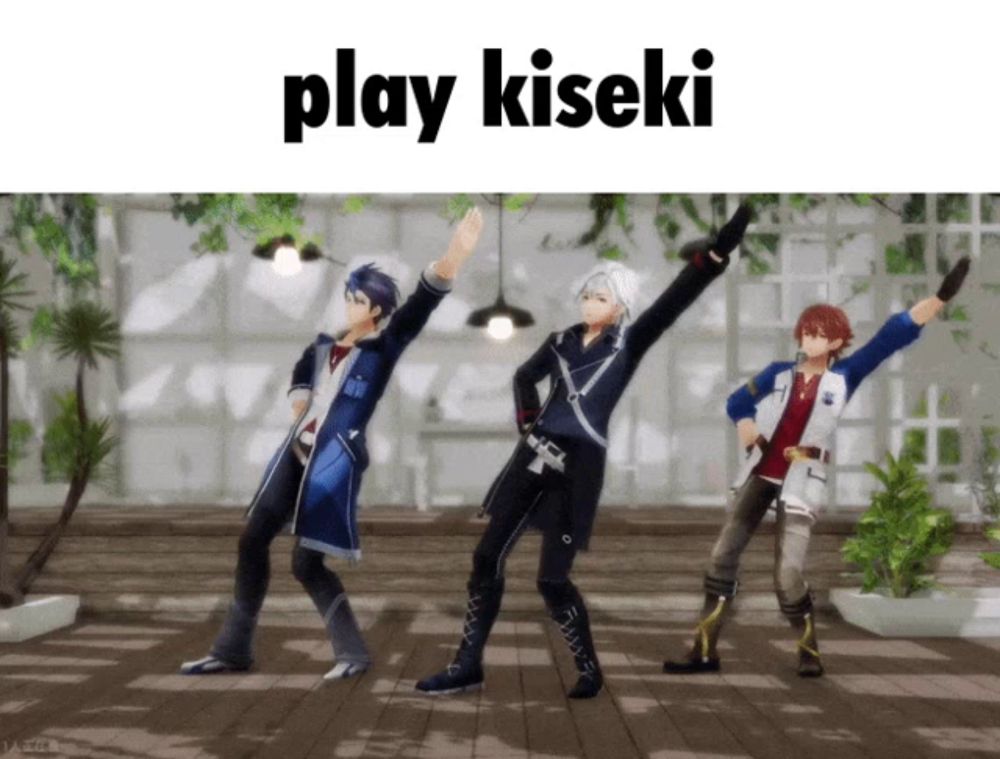 a group of anime characters are dancing with the words play kiseki above them