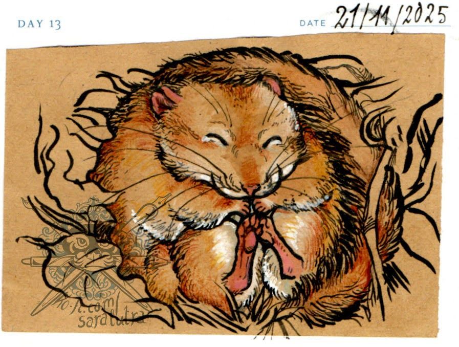 Little daily sketch of a sleeping dormouse. Drawn with inkpen and fineliner on brown paper. 