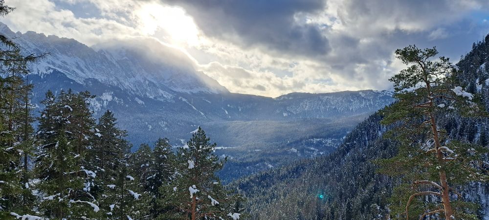 Landscape from a mountain top with ligjt snow everywhere. Trees to the left and right, looking down to a valley.