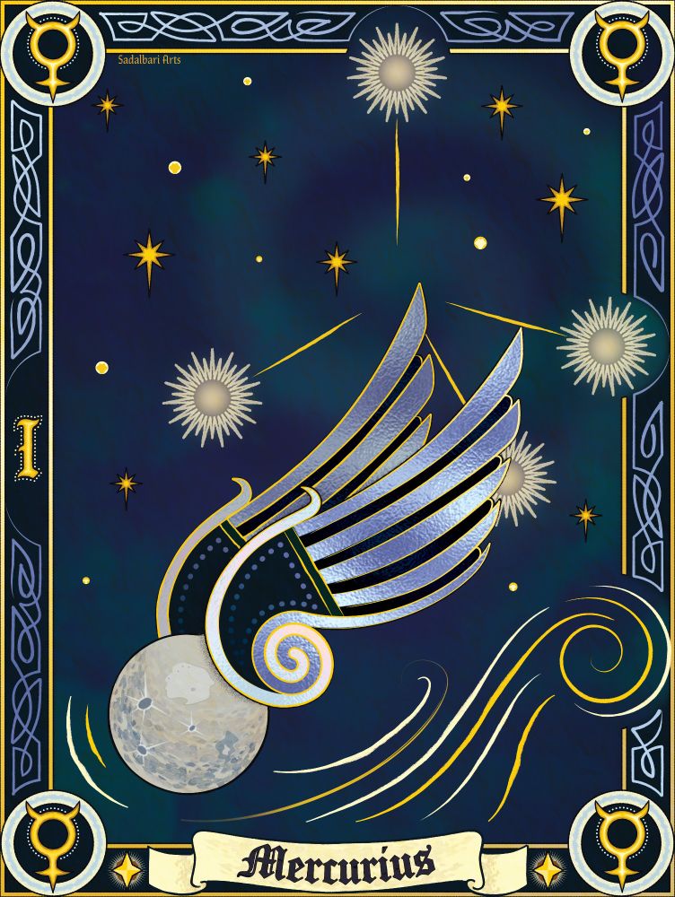 The planet Mercury in esoteric / medieval style with celtic knots framing the picture. Each corner has the planet symbol. The planet features a pair of wings like the god Mercury. In the background, four prominent stars are connected.
