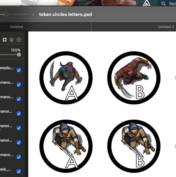 Circle tokens made in Pixelmator to be printed out for in person ttrpg play. 