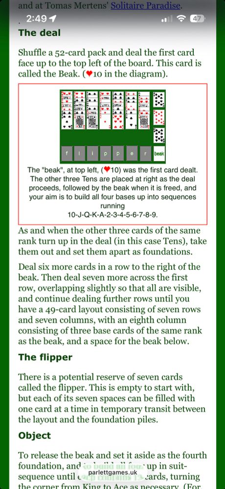 Instructions for Penguin, a patience card game, by David Parlett. 