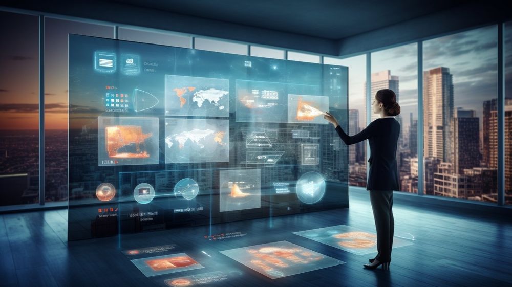 A woman standing in her apartment pointing at a huge transparent video wall displaying multiple dashboards of information. Outside the windows is a sunset over skyscrapers.