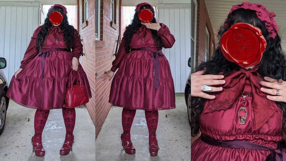 Three-part, vertically-split collage of Poster wearing a bordeaux lolita fashion coord, with a shantung OP dress and blouse, socks with a black crown/cross print, lacey headdress, and heels. The leftmost image has Poster holding a crimson purse with frill around embroidery with one hand, and holding out their skirt with another. In the middle image, Poster is holding their hand under their chin. The right image is a selfie showing accessories: coffin necklace with a red flower, a black glass coffin ring with a red flower, and a red rose Cameo ring. Their rose earrings are obscured by curly black hair.