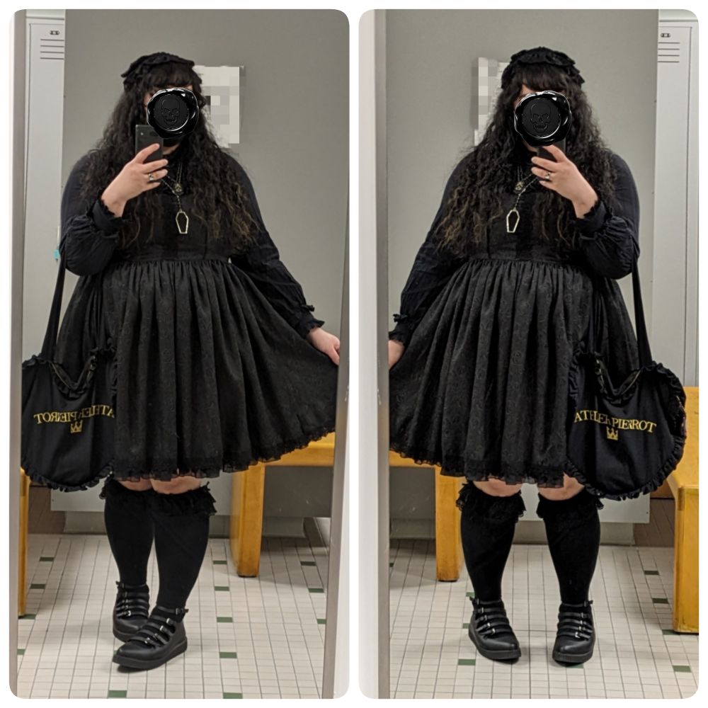 Two-part collage of OP taking mirror selfies of their Lolita fashion coord, which is all-black. They have two necklaces, the glass coffin necklace more visible in the pictures.