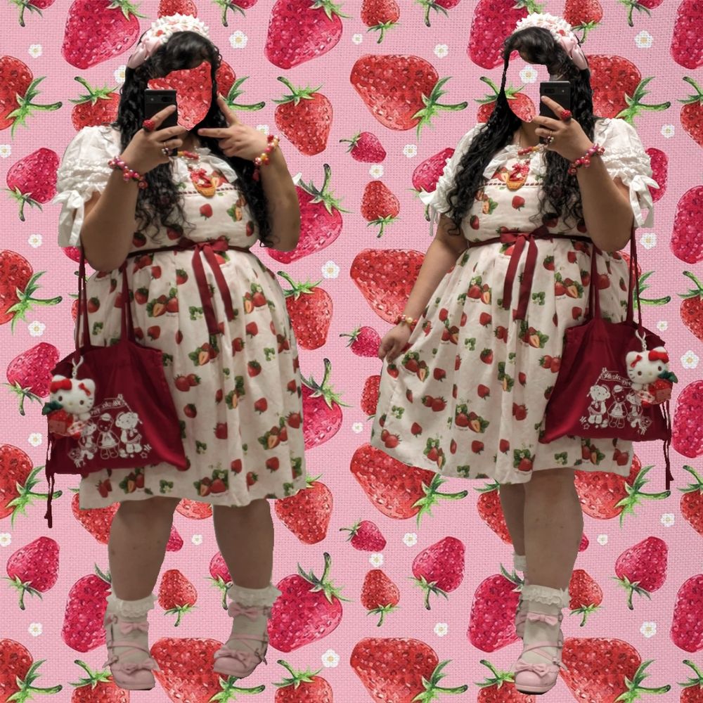 Two images of Poster, faceless, edited onto a pink x red strawberry background. They are wearing a pale pink x white, strawberry-themed lolita fashion coord. They are wearing their curly black hair down. Their dress is a pale pink with both a strawberry print and crimson ribbon details. Their headdress(-like headband) and tea party shoes are a not-as-light--but still light--shade of pink compared to the dress, whereas their tote bag matches (well, close enough) to the ribbon with a white screen print of sailor teddy bears. They are also wearing a white short-sleeve blouse and lace ankle socks. They also have strawberry themed earrings, bracelets, rings, and necklaces.