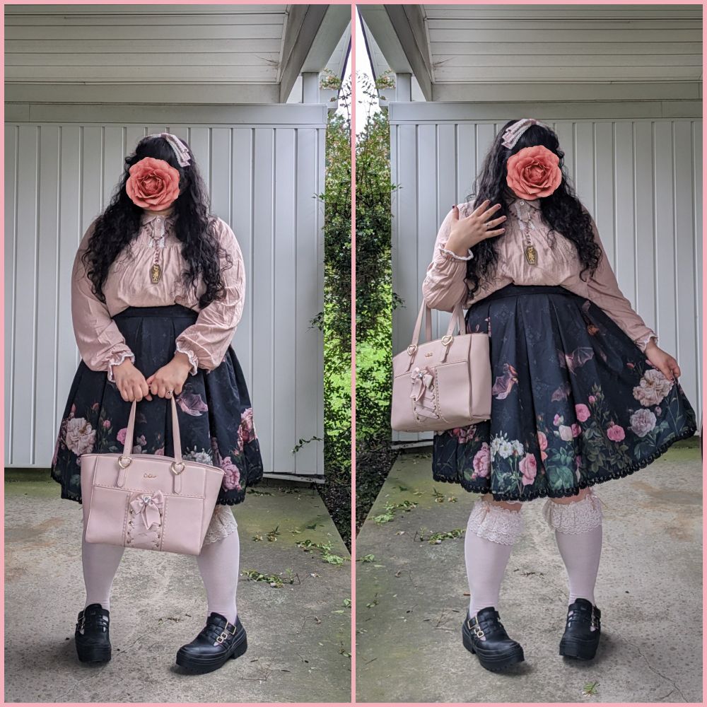 A two-part collage of Poster wearing a dusty pink x black floral/bat themed Lolita fashion coord. Their headbow and long sleeve linen blouse are dusty pink with white lace, and their lace-topped utk socks are completely dusty pink. Their curly black hair goes with their black platform Mary Jane sneakers, and skirt with a print of bats and pink/white flowers in a garden.