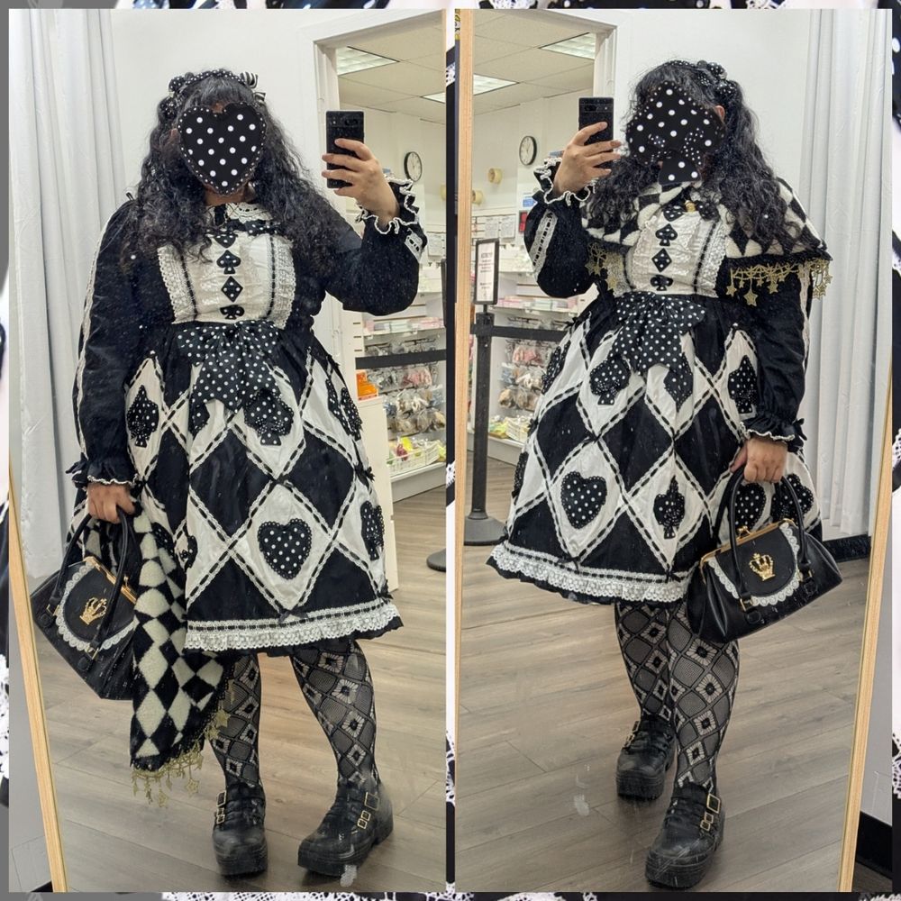 Two part collage of Poster taking a mirror selfie in a black x white diamond x polka dot patterned lolita fashion coord. The left image has Poster holding their black x white diamond cape in their hand, and the right image has them wearing the cape as intended on their shoulders. The coord itself features a polka dot headbow, two additional bow hair ties, a not-that-visible necklace of stacked teacups in the same patterned, and Vierge Vampur/ Sweet Diamond JSK with polka dot card suites in white diamonds on their dress. Their white x black fishnet diamond tights, black Mary Jane sneakers, black x white lace long sleeve blouse, and black x white lace purse round out their coord.
