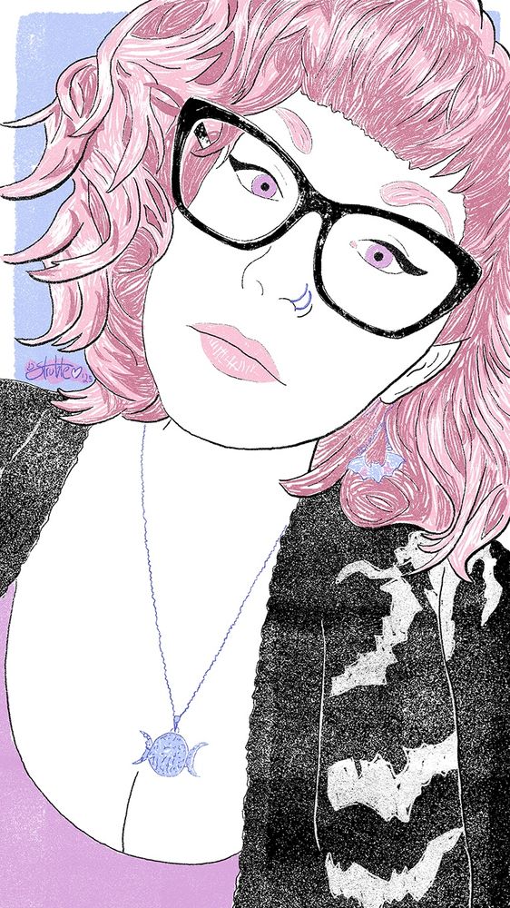 Portrait of DeNae rendered in shades of blue, pink, purple and black. 