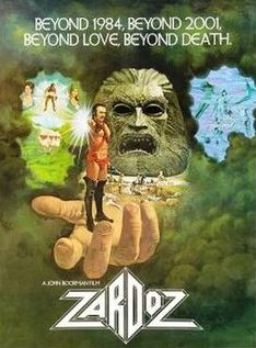 A 1974 movie poster of ZARDOZ, featuring a large floating rock head and Sean Connery in a red nappy and thigh high boots.