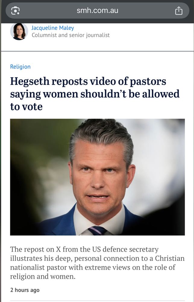 Headline saying:- Hegseth reposts video of pastors saying women shouldn’t be allowed to vote